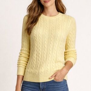 L.L.Bean Cable Knit Crewneck Sweater Yellow Cotton Size Small Preppy Cottage